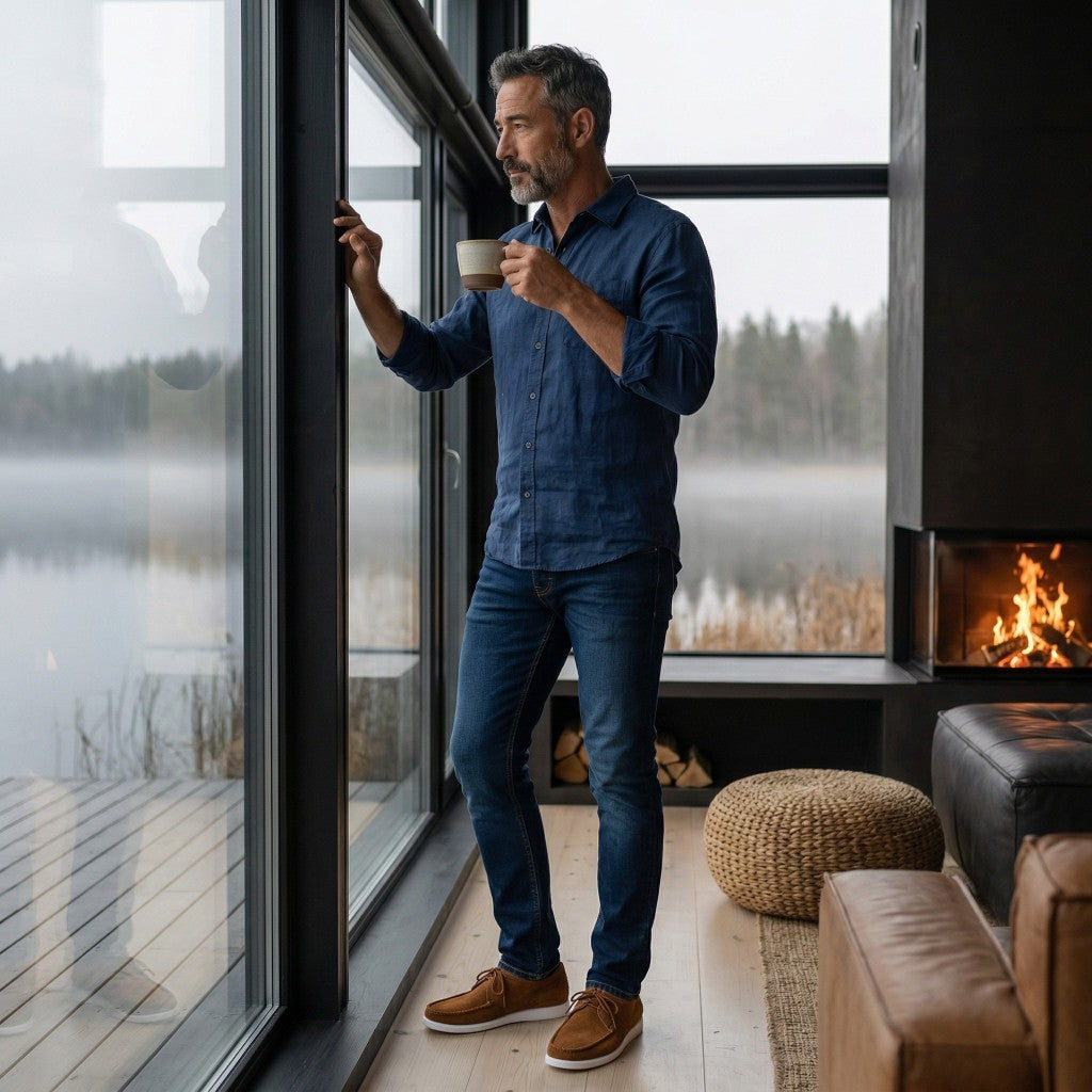 Ultra leichte Herren Mokassins RELAX in Marine Blau und Cognac Braun