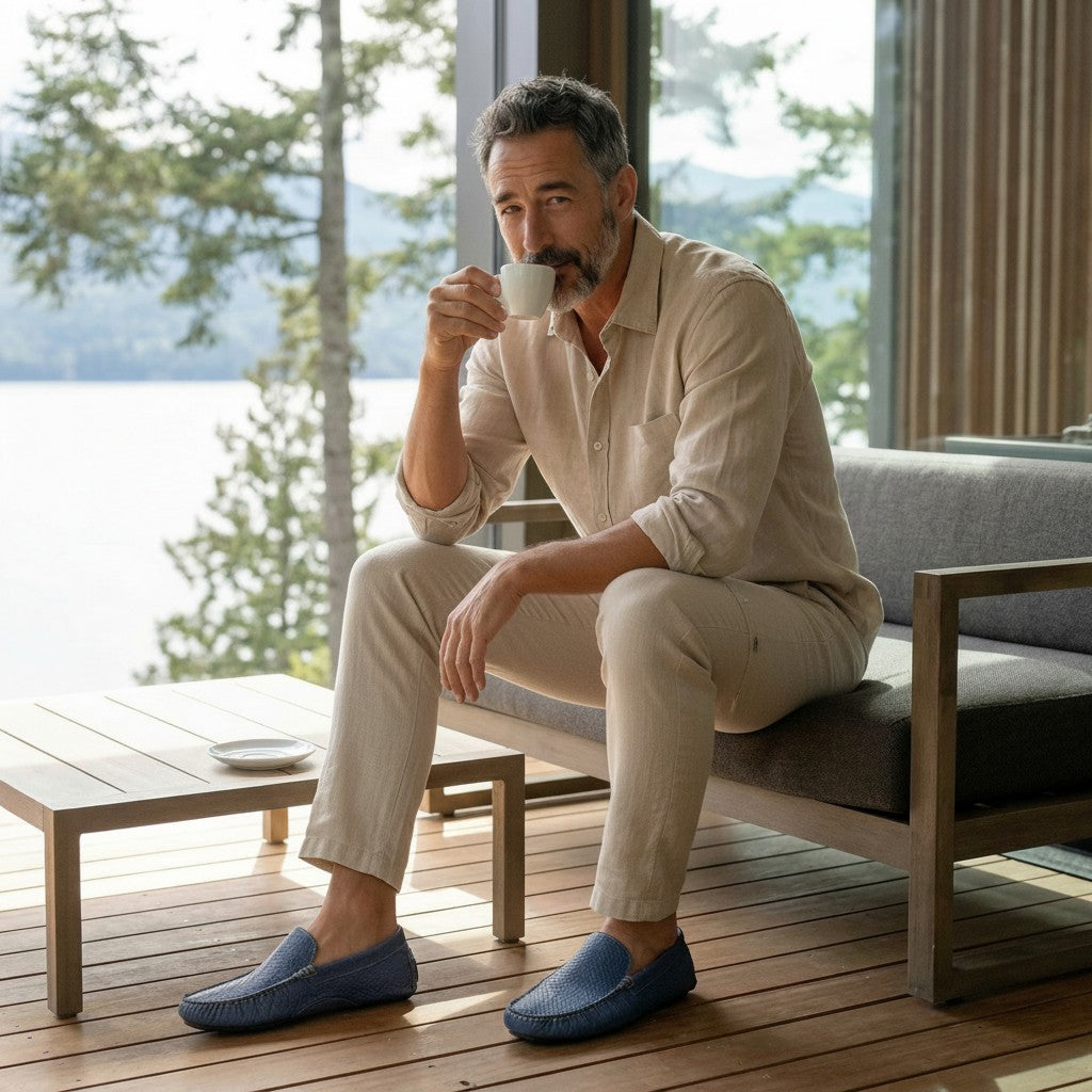 Handgenähte Herren Mokassins Blau aus Lachs Leder