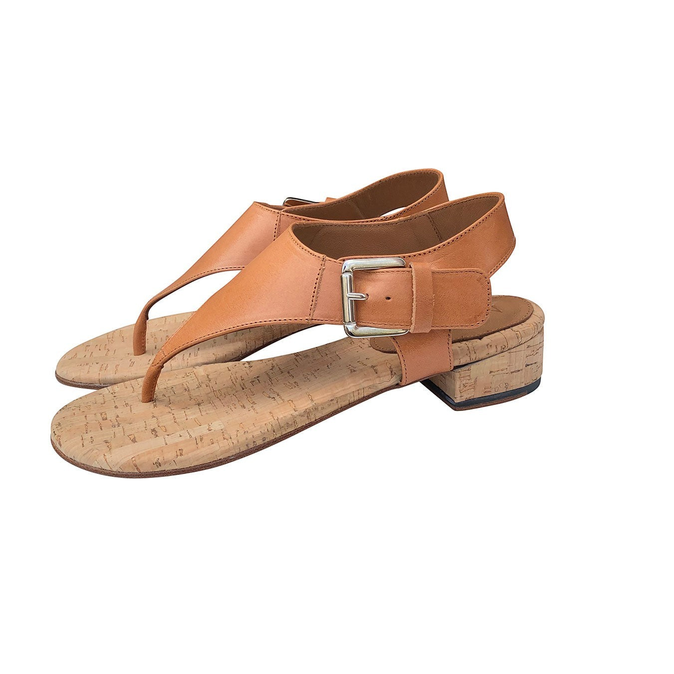 NICAY PURE Sandaletten aus cognacfarbenem Leder mit Kork-Blockabsatz und Metallschnalle