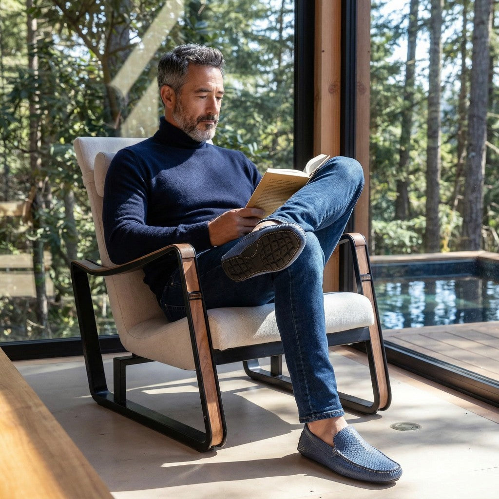 Handgenähte Herren Mokassins Blau aus Lachs Leder